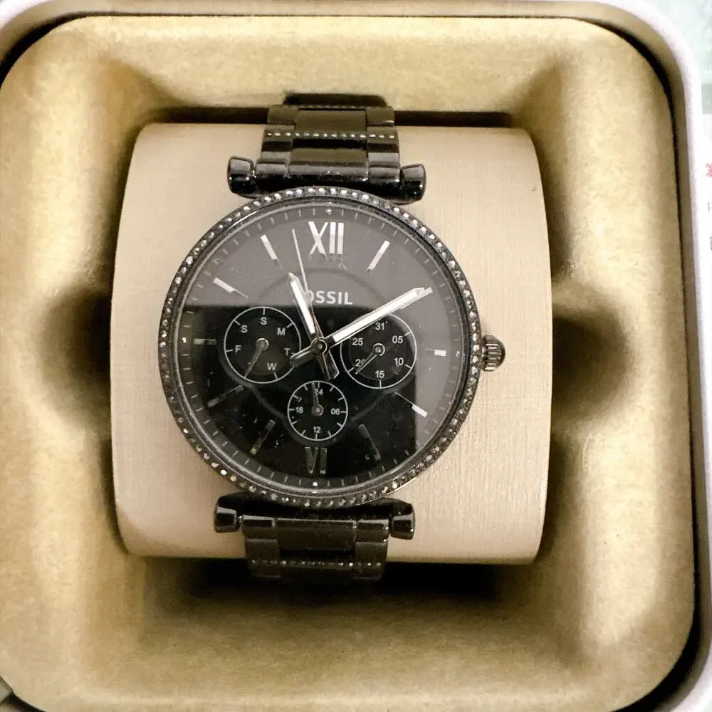 Fossil Carlie Multifunction Black Stainless Steel Watch (Model ES4543)